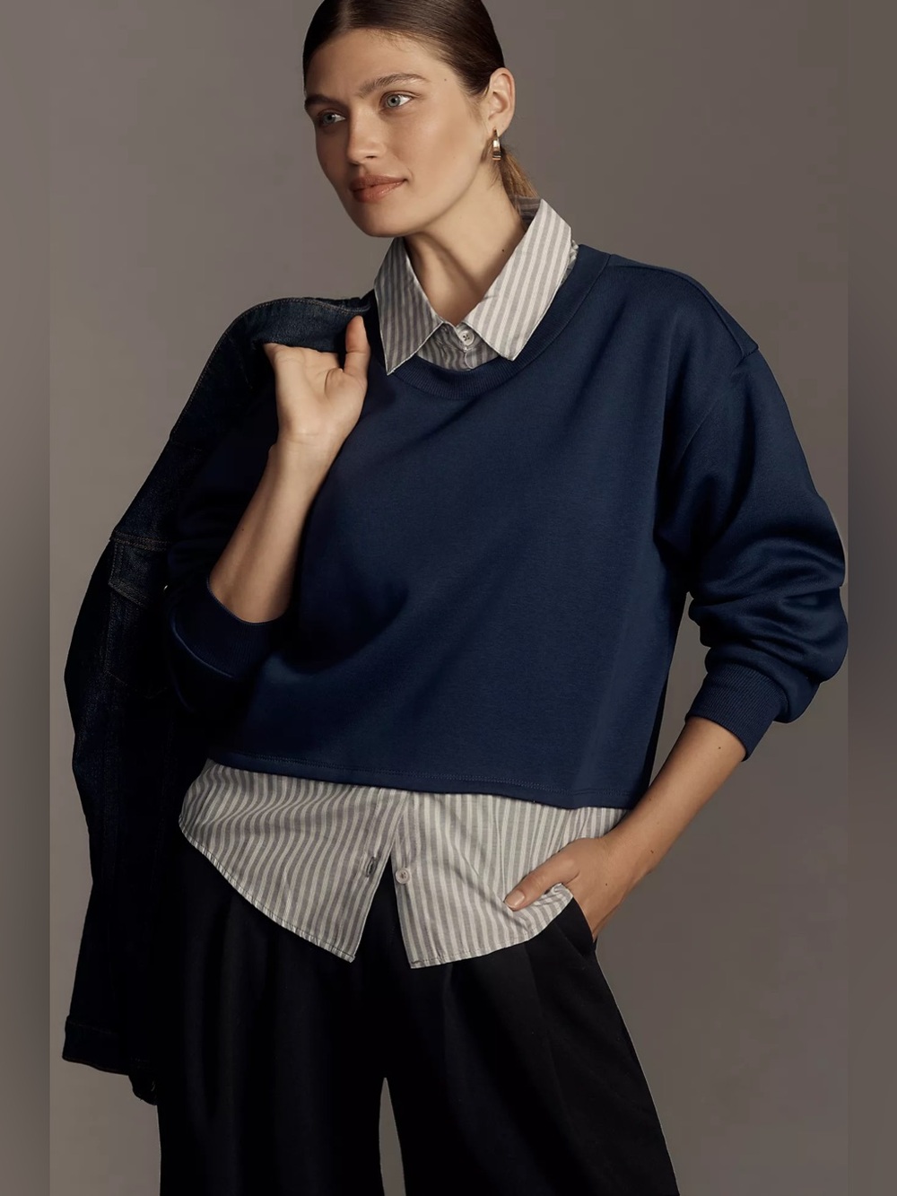 Maeve Navy Twofer Shirt Sweater Small Blue Striped Layered Fall Campus BTS